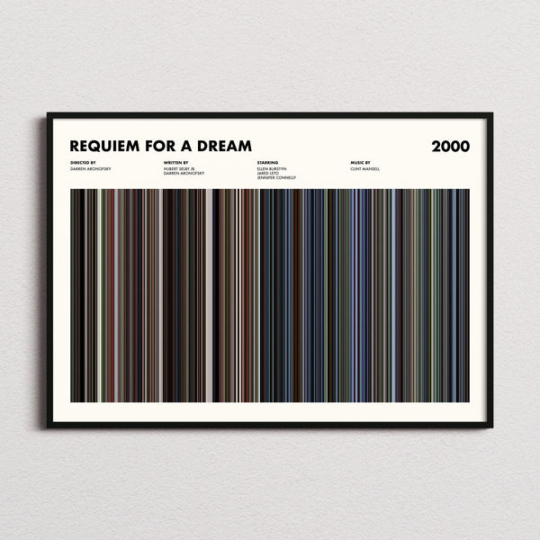 Requiem For A Dream Movie Barcode Poster framed and photographed straight on