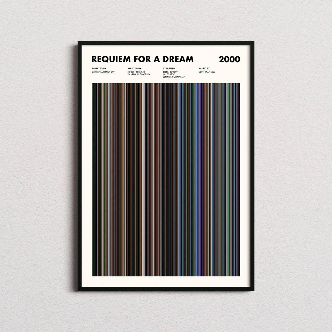 Requiem For A Dream Movie Barcode Poster framed on a plain studio wall
