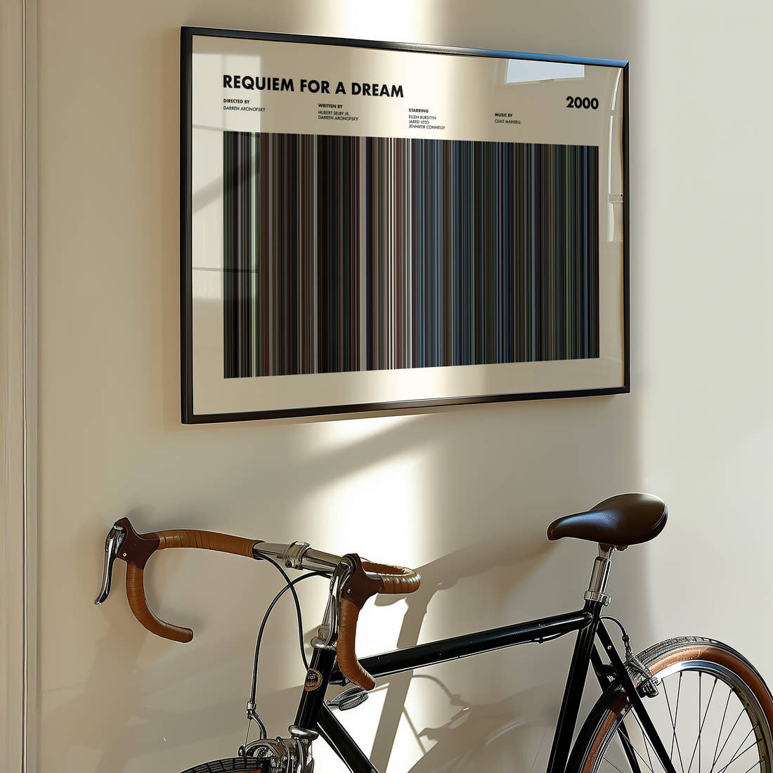 Requiem For A Dream Movie Barcode Poster framed on the wall of a styled room setting