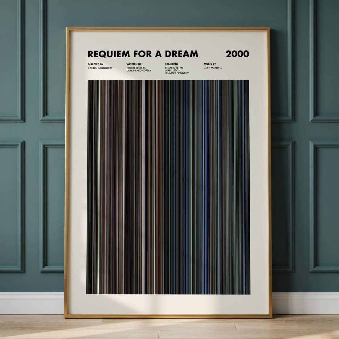 Requiem For A Dream Movie Barcode Poster framed and leaning against a panelled wall
