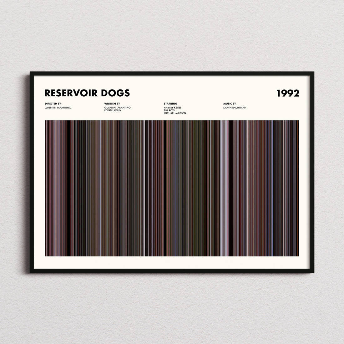 Reservoir Dogs Movie Barcode Poster framed and photographed straight on