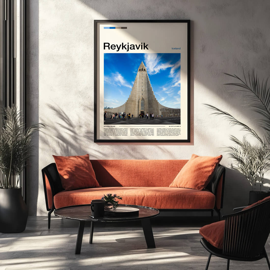 Reykjavik Hallgrimskirkja Travel Print framed on the wall of a modern living room