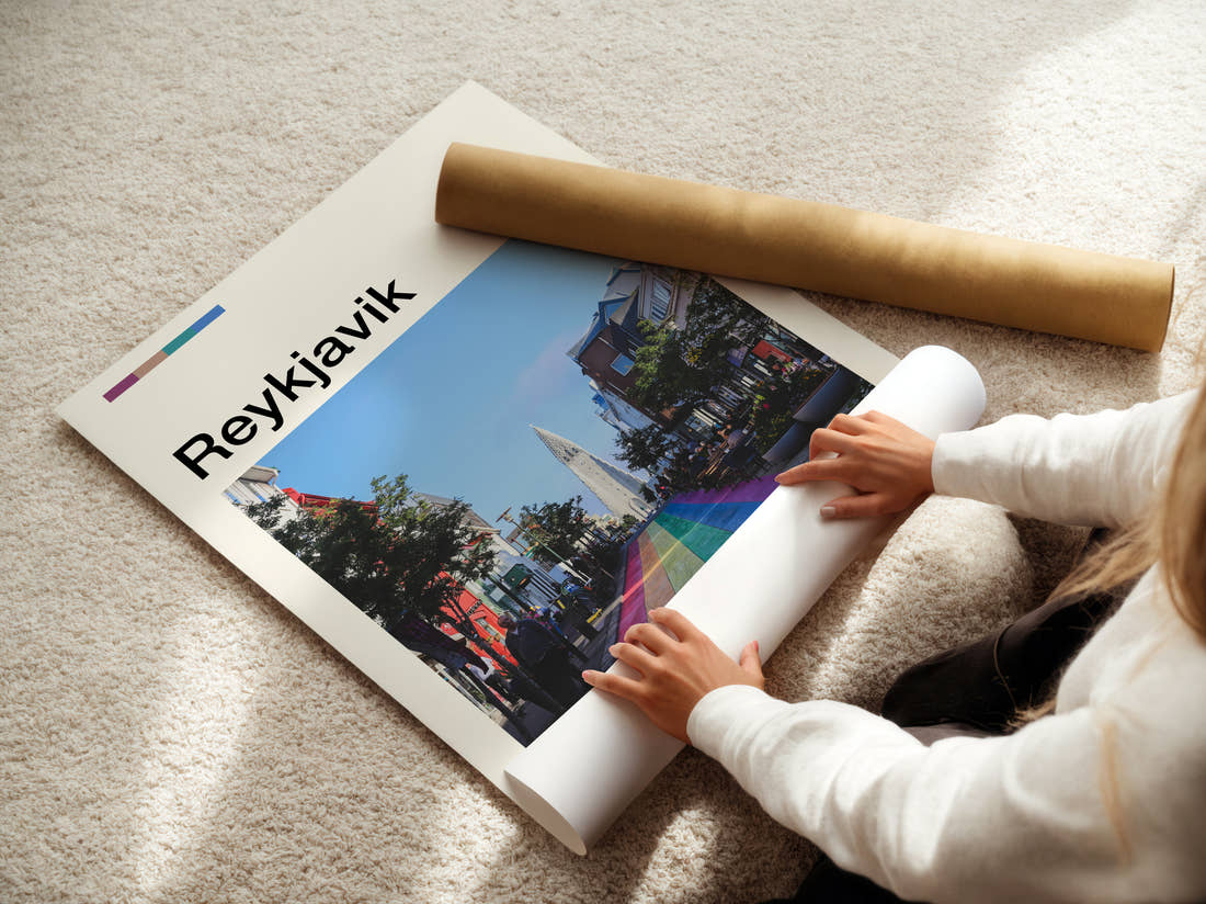 Reykjavik Rainbow Street Travel Print being unrolled from its postal tube