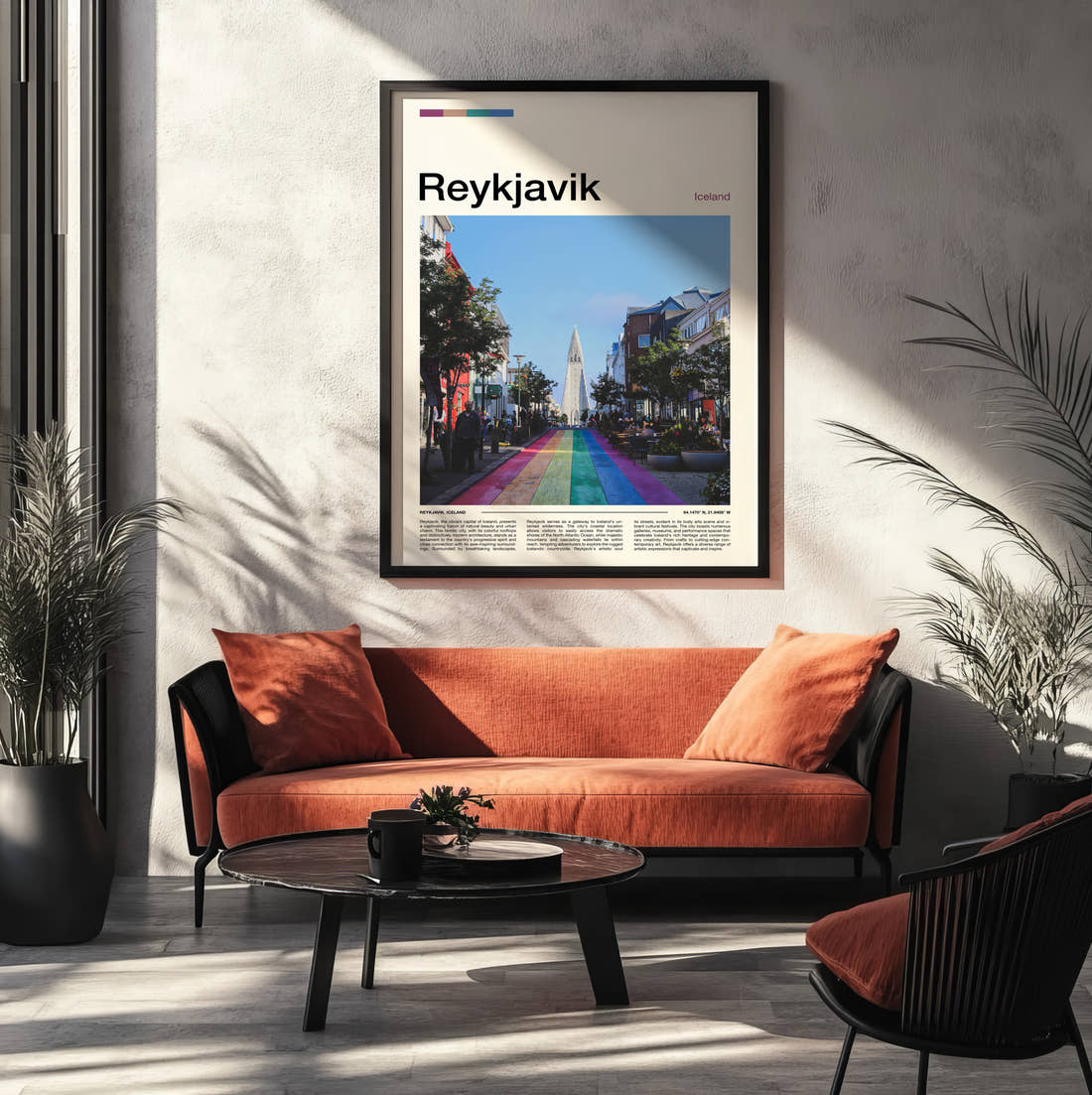 Reykjavik Rainbow Street Travel Print framed on the wall of a modern living room