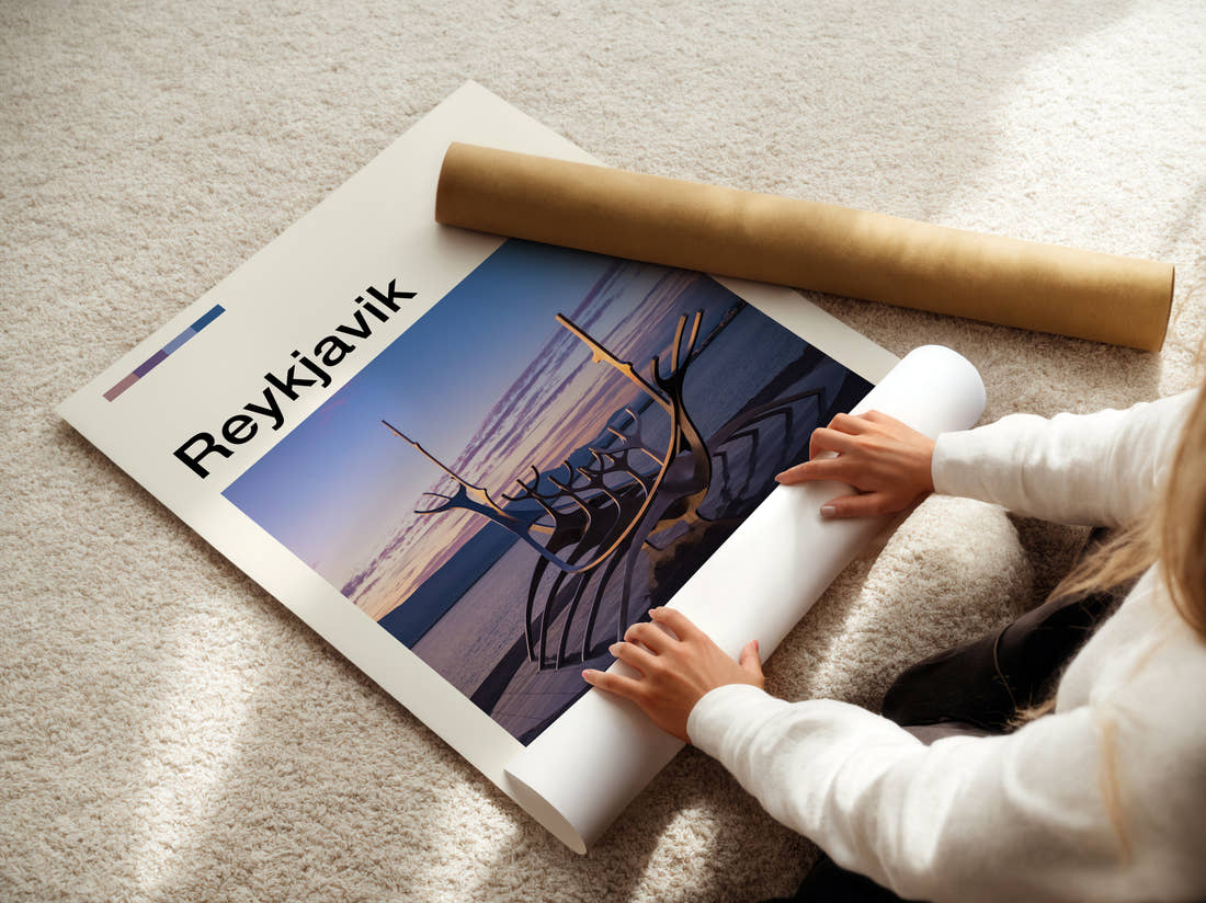 Reykjavik Sun Voyager Sculpture Travel Print being unrolled from its postal tube