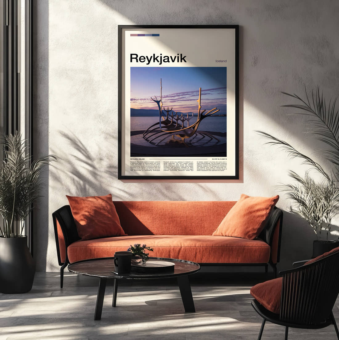 Reykjavik Sun Voyager Sculpture Travel Print framed on the wall of a modern living room