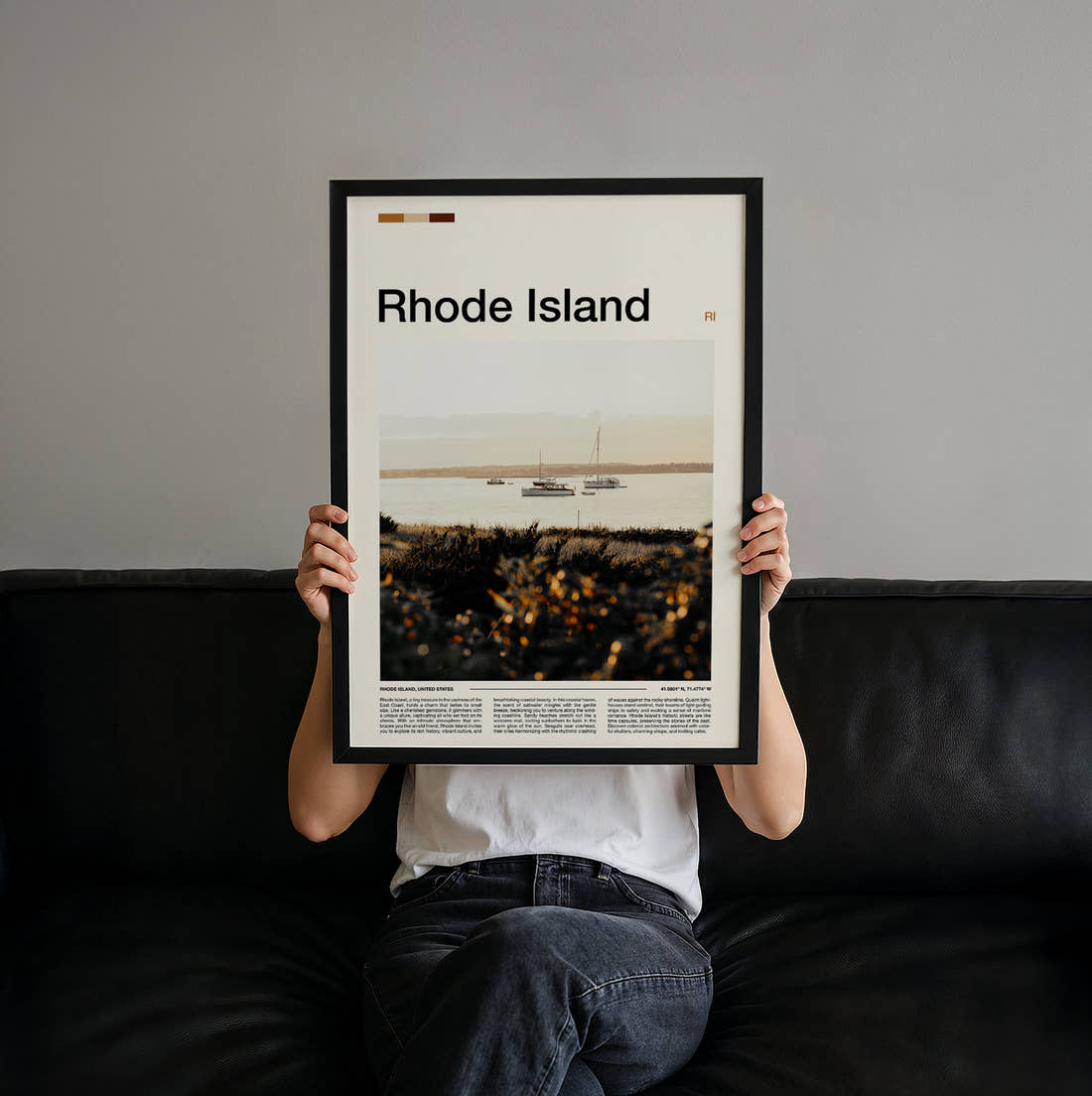 Rhode Island Moored Sailboats Travel Print held up by hand to show the size of the print