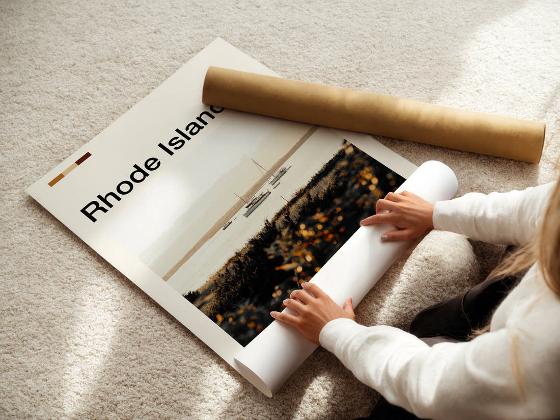 Rhode Island Moored Sailboats Travel Print being unrolled from its postal tube