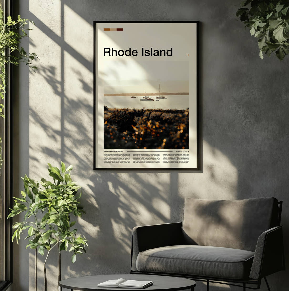 Rhode Island Moored Sailboats Travel Print framed on the wall of a relaxed living room