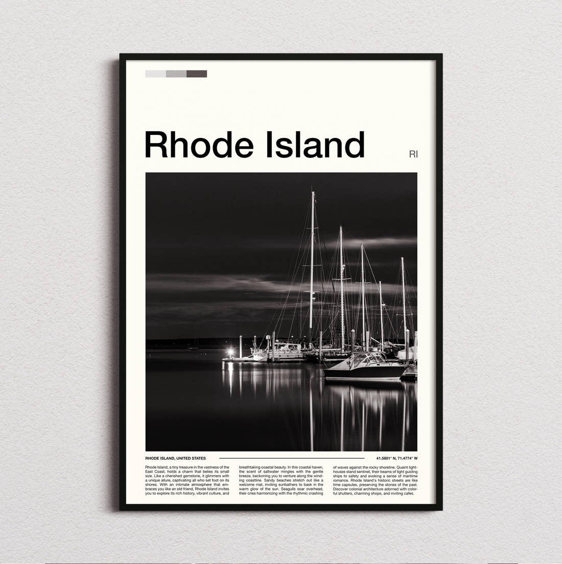 Rhode Island Marina In Black And White Travel Print framed and photographed straight on