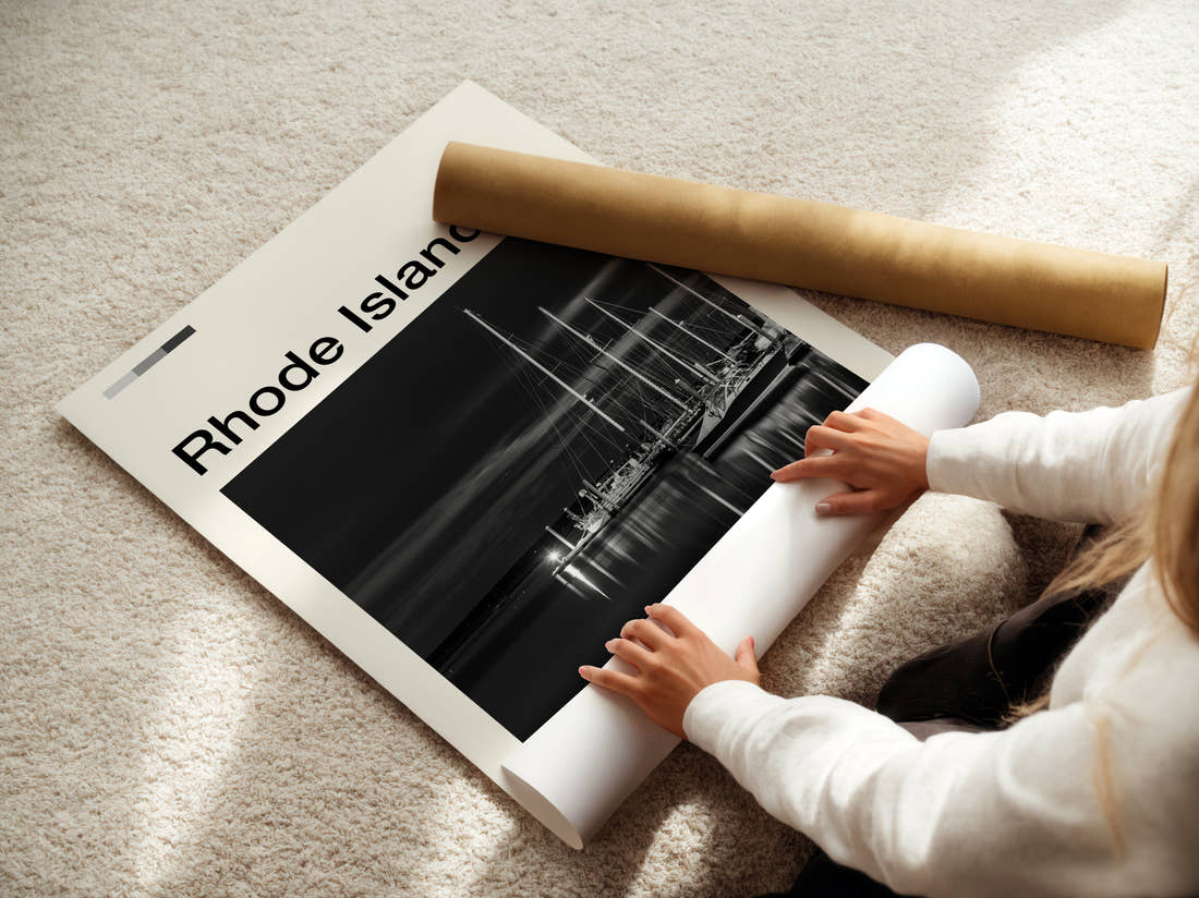 Rhode Island Marina In Black And White Travel Print being unrolled from its postal tube