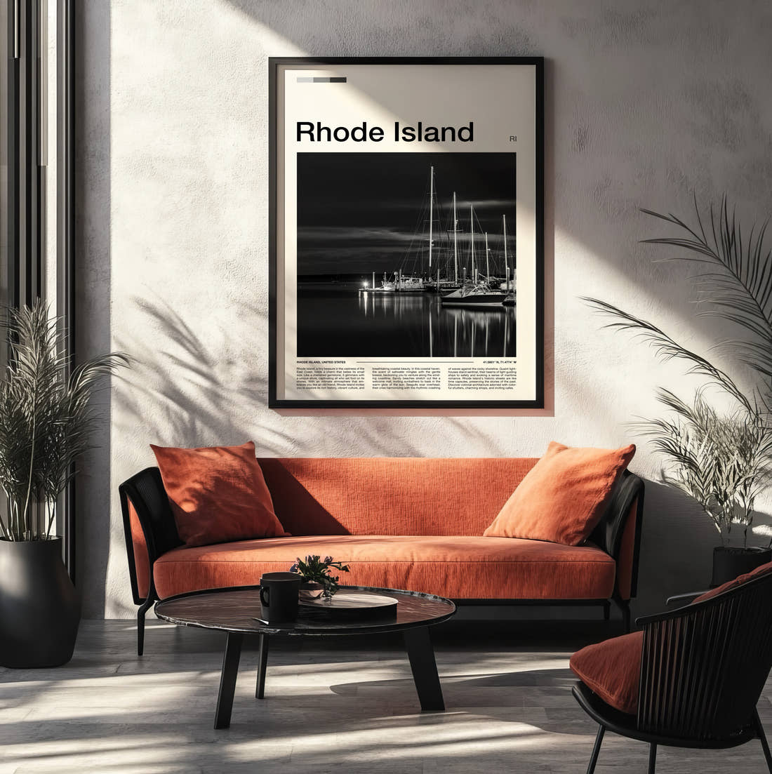 Rhode Island Marina In Black And White Travel Print framed on the wall of a modern living room