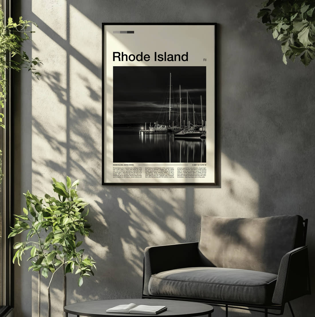 Rhode Island Marina In Black And White Travel Print framed on the wall of a relaxed living room
