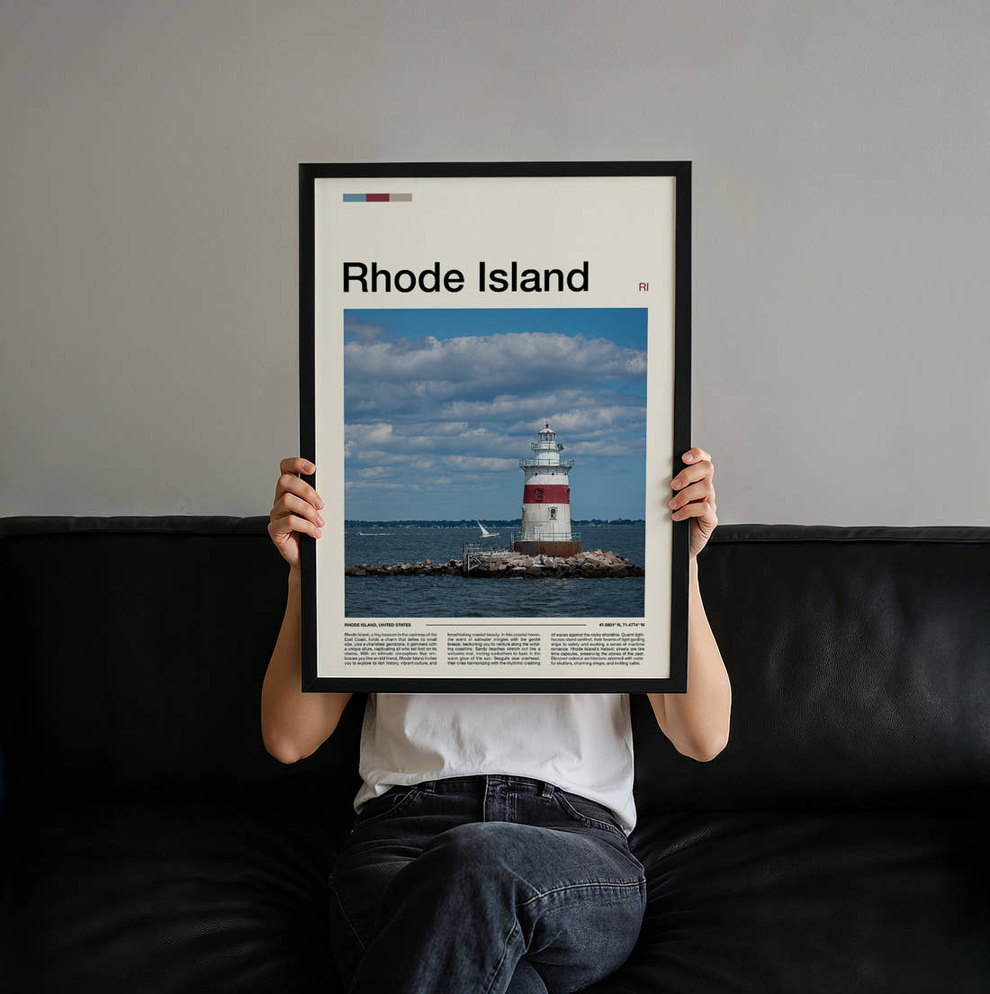Rhode Island Lighthouse Travel Print held up by hand to show the size of the print