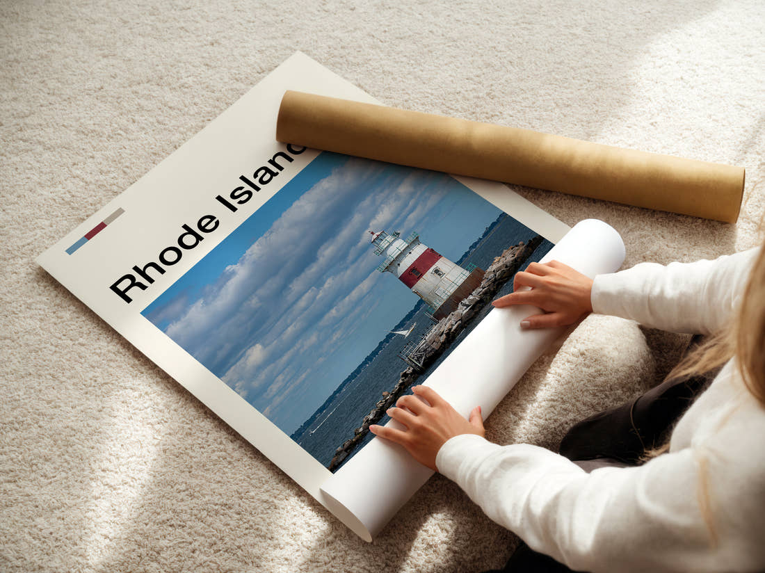 Rhode Island Lighthouse Travel Print being unrolled from its postal tube