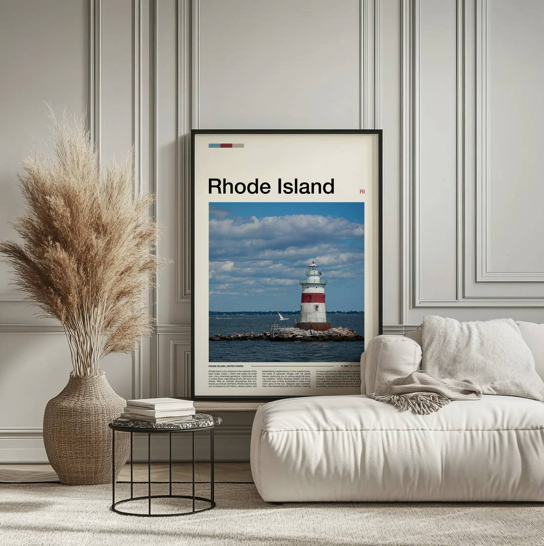 Rhode Island Lighthouse Travel Print framed on the wall of a calm, neutral bedroom