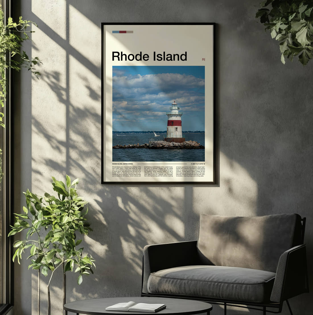 Rhode Island Lighthouse Travel Print framed on the wall of a relaxed living room