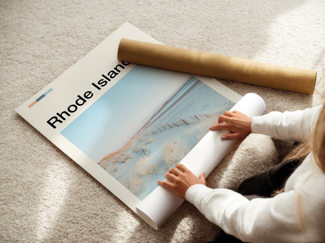 Rhode Island Snowy Dunes Travel Print being unrolled from its postal tube