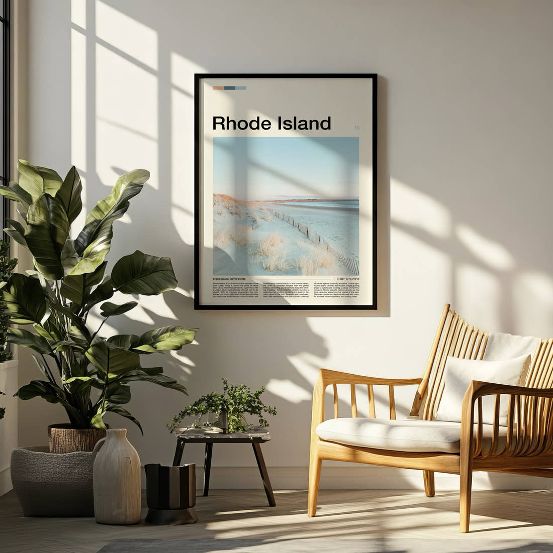 Rhode Island Snowy Dunes Travel Print framed on a pale wall beside houseplants