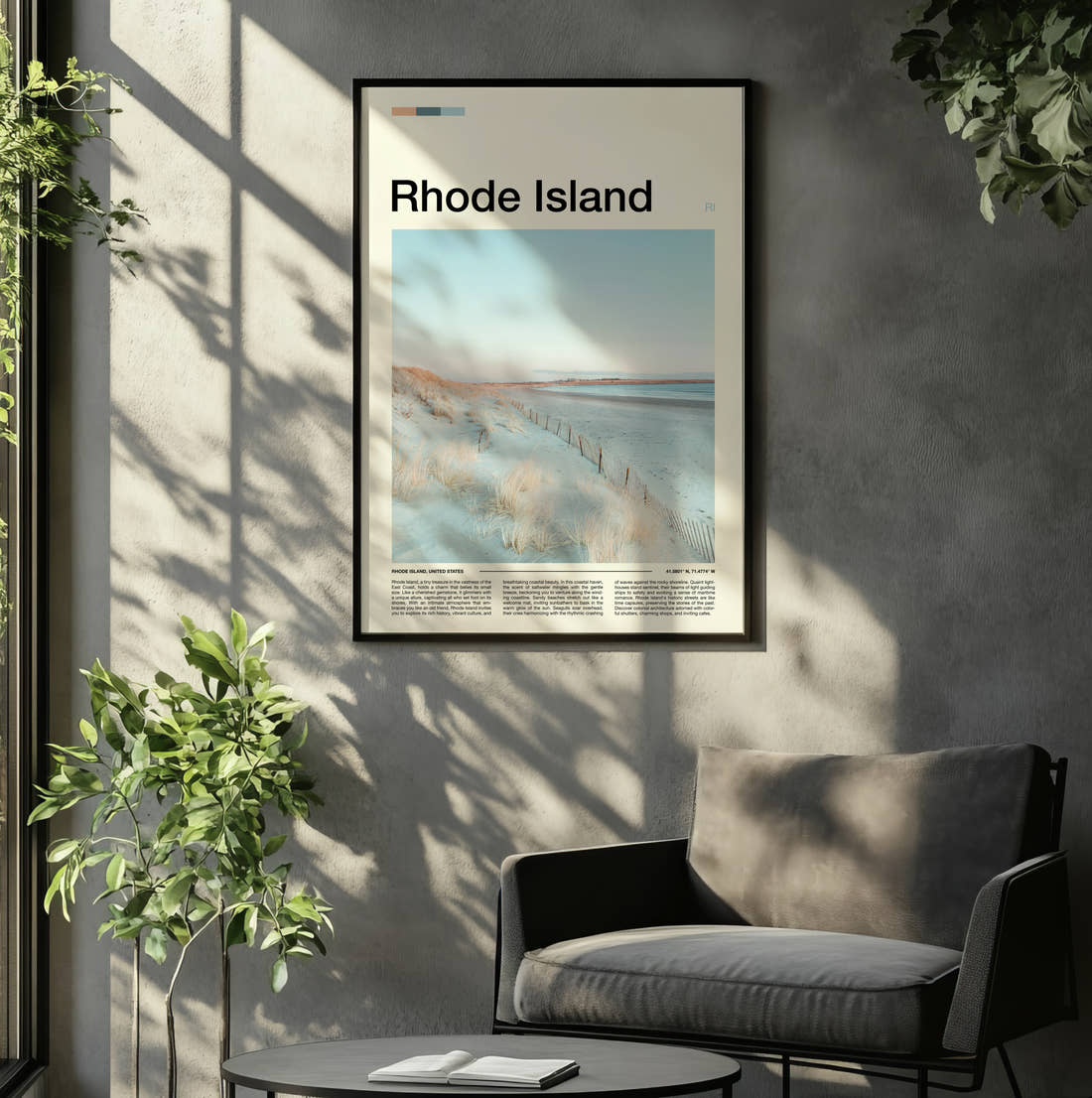 Rhode Island Snowy Dunes Travel Print framed on the wall of a relaxed living room