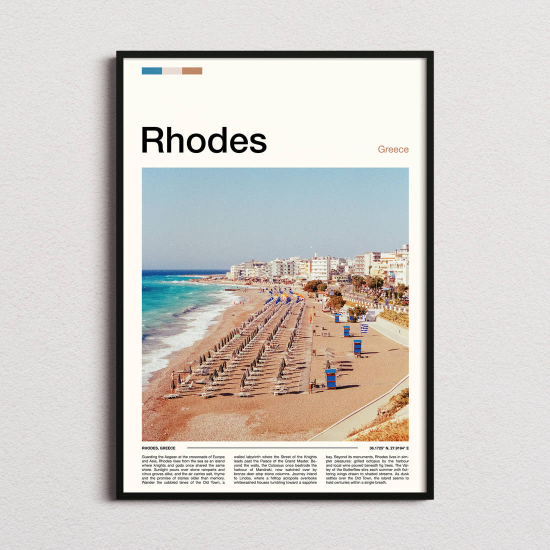 Rhodes Aerial Beach View Travel Print framed and photographed straight on