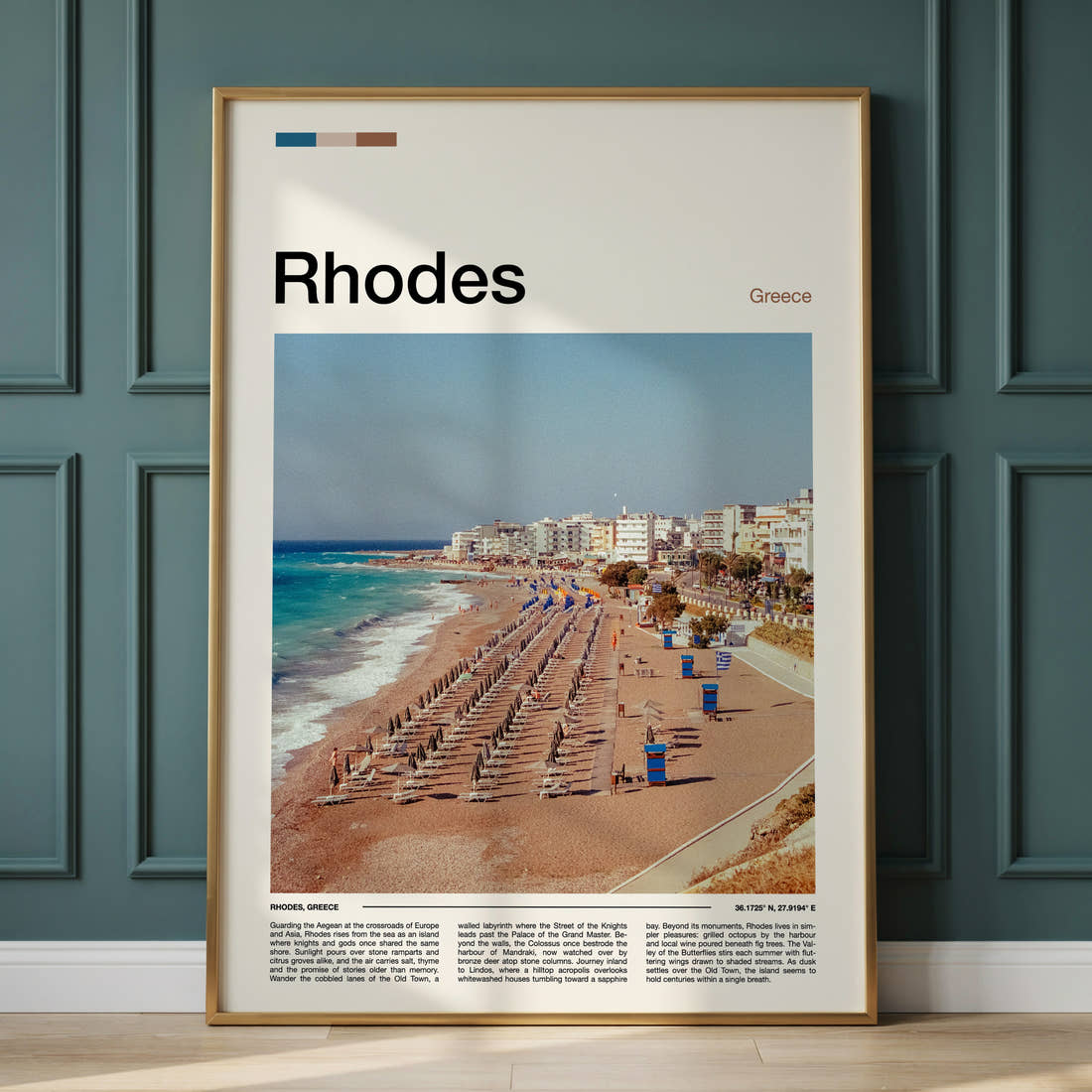 Rhodes Aerial Beach View Travel Print framed on the wall of a calm, neutral bedroom