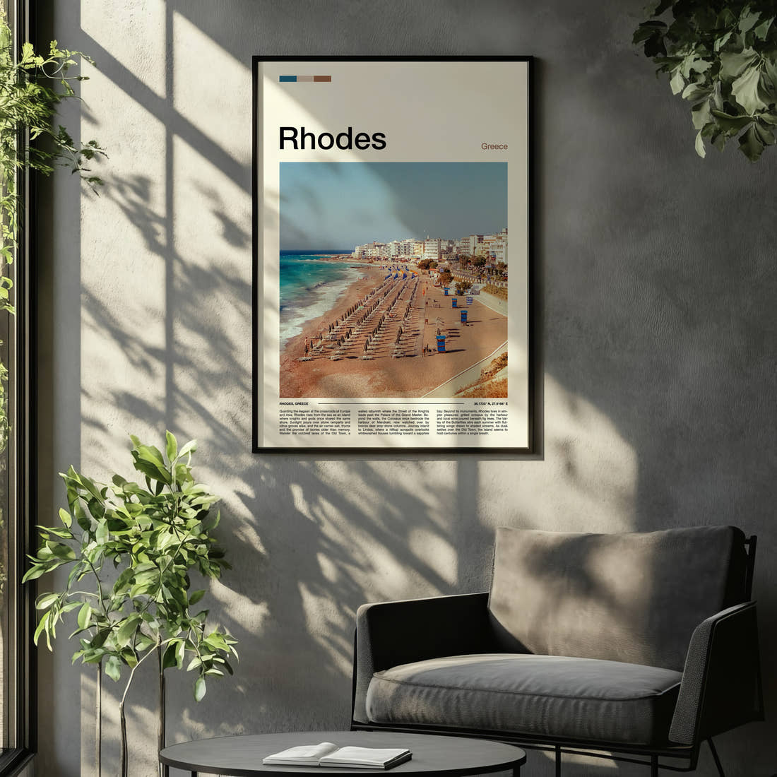 Rhodes Aerial Beach View Travel Print framed on the wall of a relaxed living room