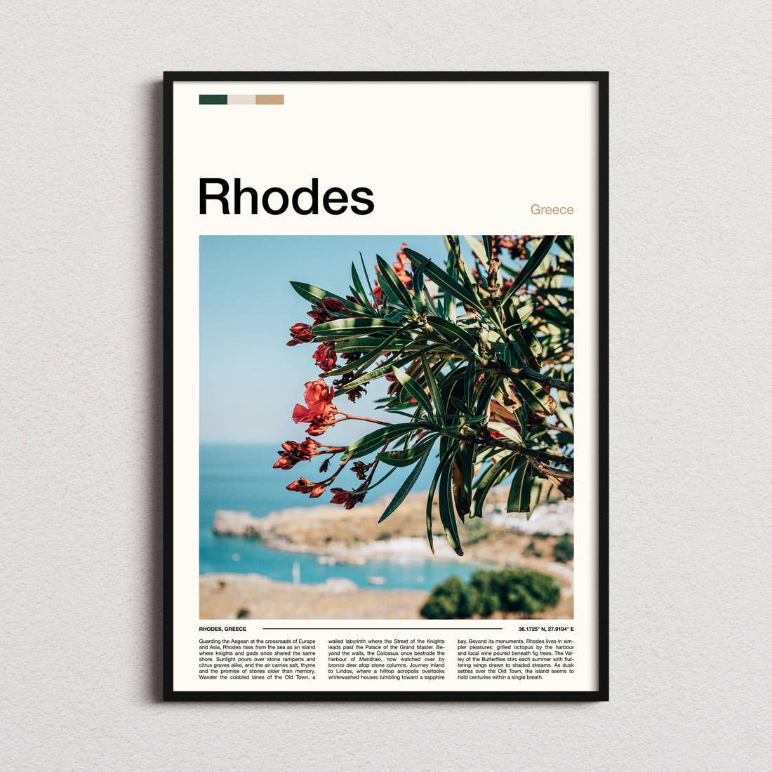 Rhodes Oleander Over Bay Travel Print framed and photographed straight on
