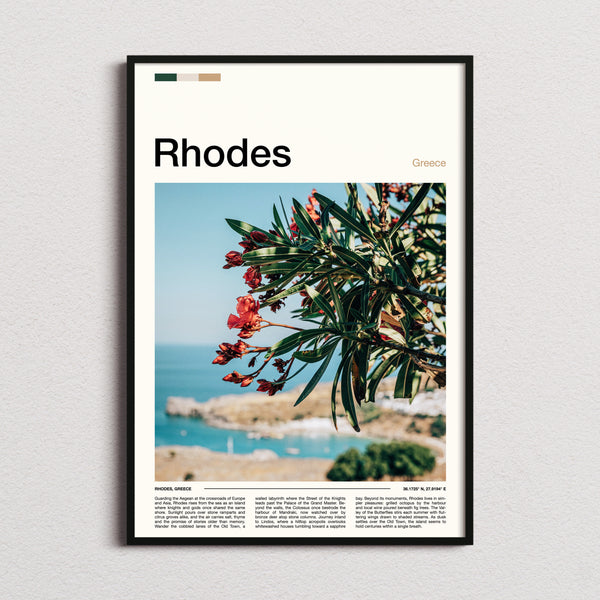 Rhodes Oleander Over Bay Travel Print framed and photographed straight on