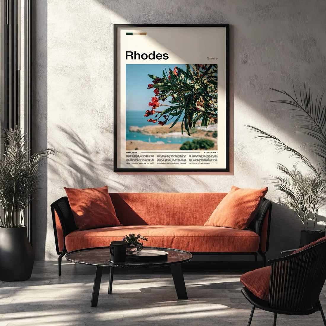 Rhodes Oleander Over Bay Travel Print framed on the wall of a modern living room