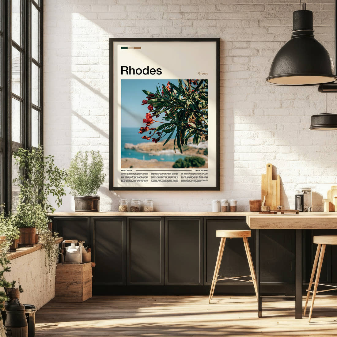 Rhodes Oleander Over Bay Travel Print framed on the wall of a bright kitchen and dining space