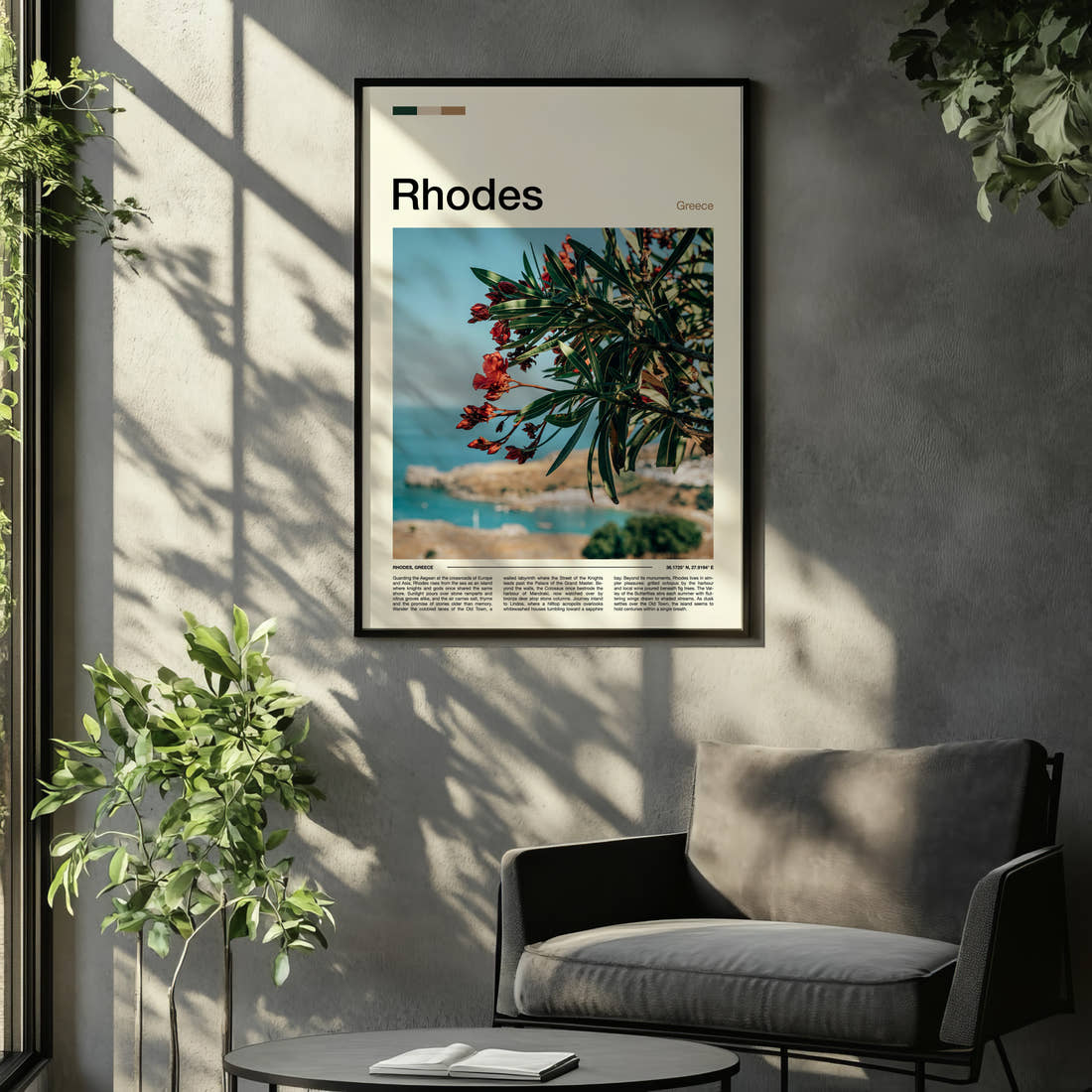 Rhodes Oleander Over Bay Travel Print framed on the wall of a relaxed living room