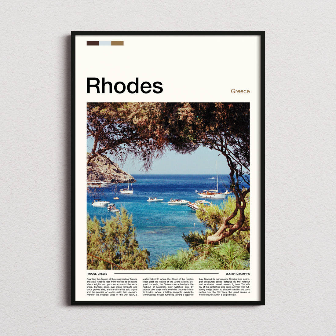 Rhodes Pine-Framed Harbour Bay Travel Print framed and photographed straight on