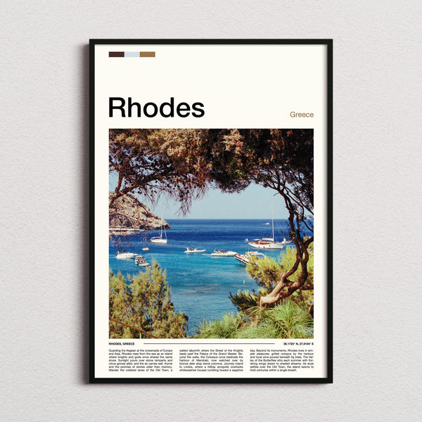 Rhodes Pine-Framed Harbour Bay Travel Print framed and photographed straight on