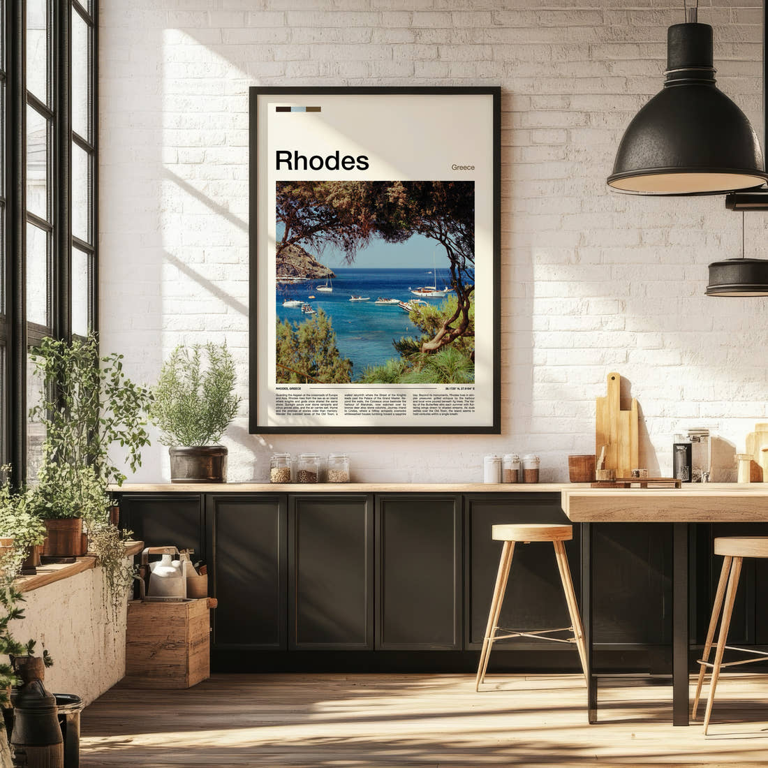 Rhodes Pine-Framed Harbour Bay Travel Print framed on the wall of a bright kitchen and dining space