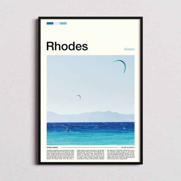 Rhodes Kitesurfers Over Sea Travel Print framed and photographed straight on