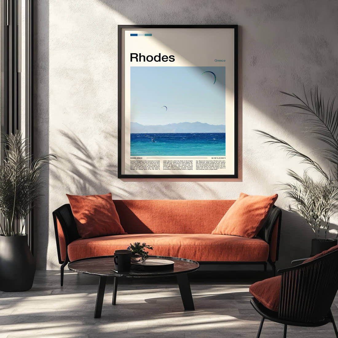 Rhodes Kitesurfers Over Sea Travel Print framed on the wall of a modern living room