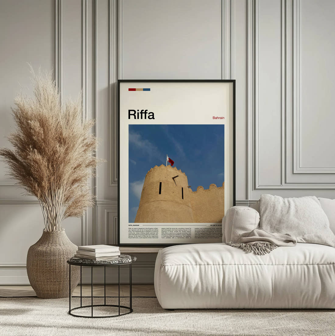 Riffa Fort With Flag Travel Print framed on the wall of a calm, neutral bedroom