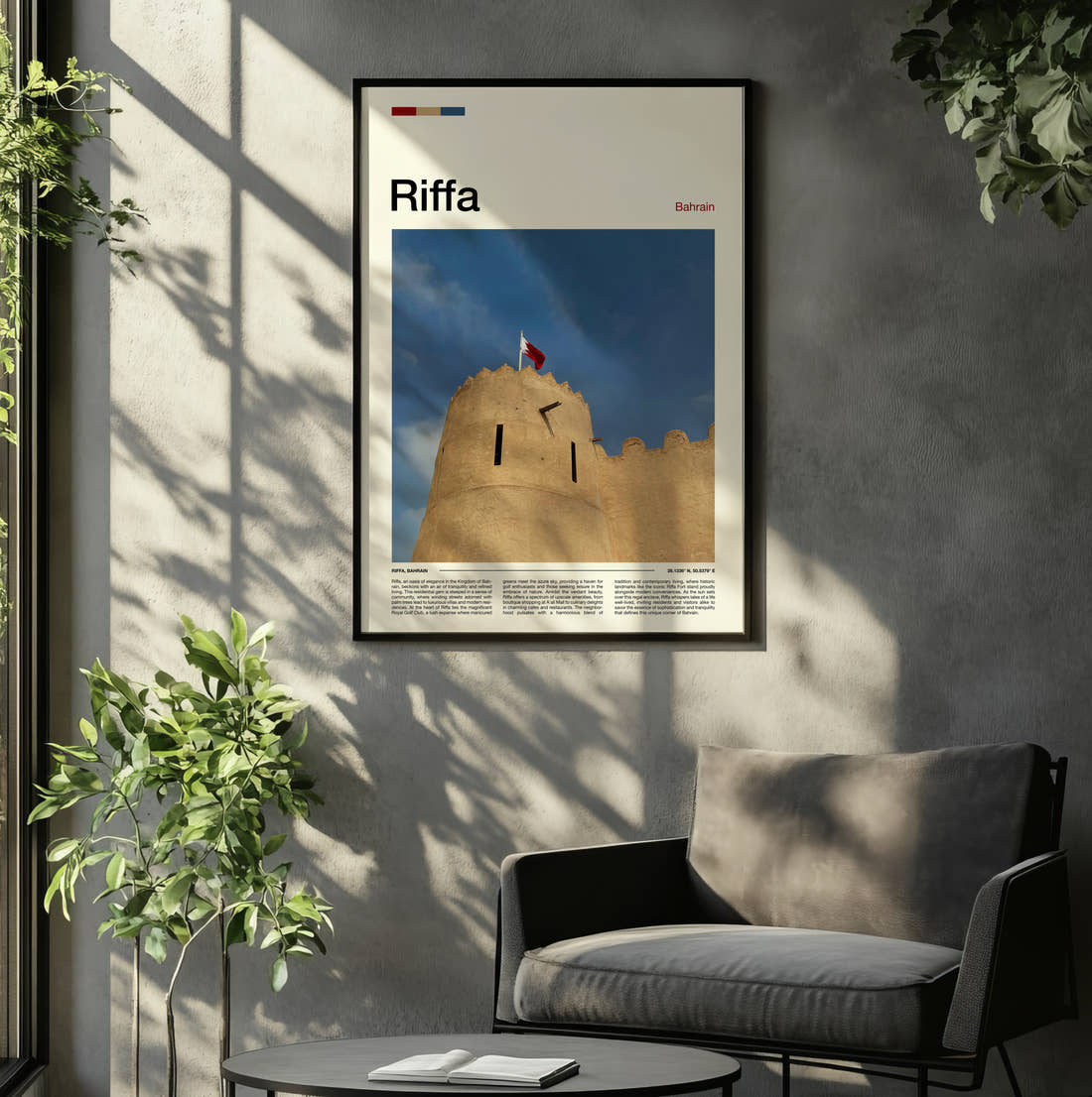 Riffa Fort With Flag Travel Print framed on the wall of a relaxed living room