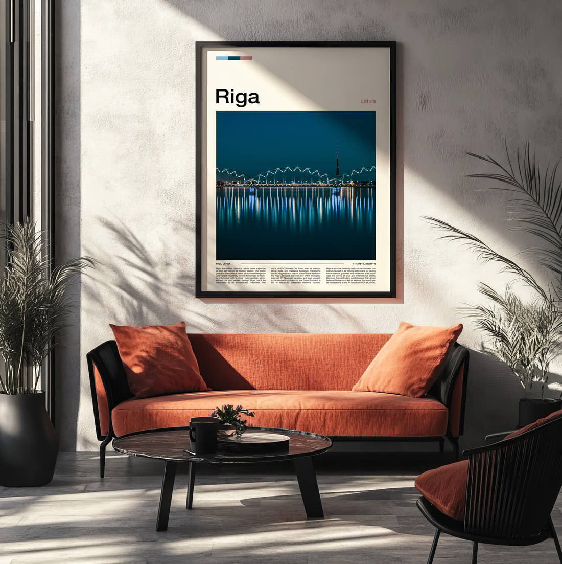 Riga Bridge Lights Reflected Travel Print framed on the wall of a modern living room