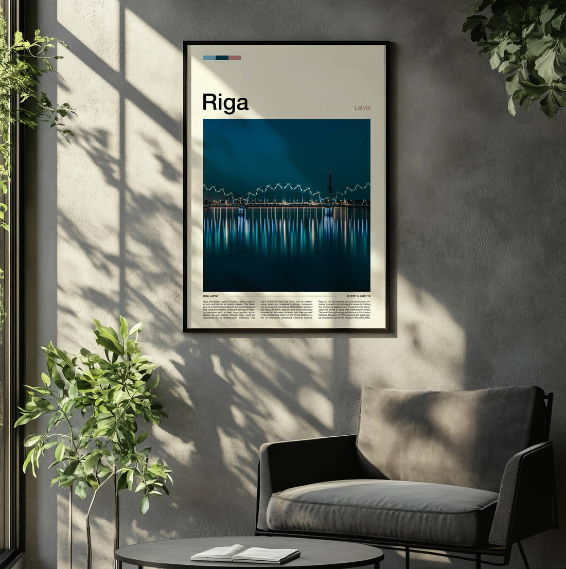 Riga Bridge Lights Reflected Travel Print framed on the wall of a relaxed living room