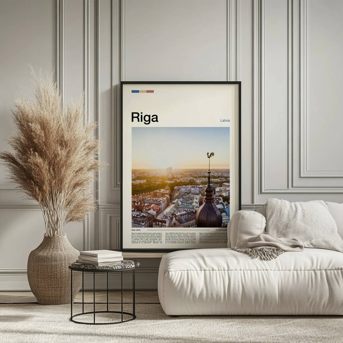 Riga Rooftops And Weathervane Travel Print framed on the wall of a calm, neutral bedroom