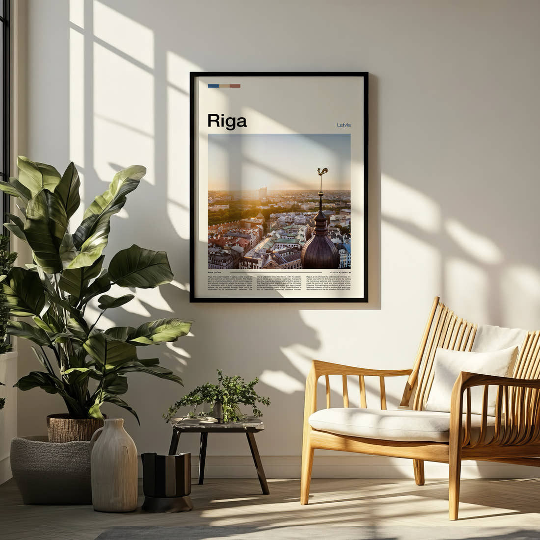 Riga Rooftops And Weathervane Travel Print framed on a pale wall beside houseplants