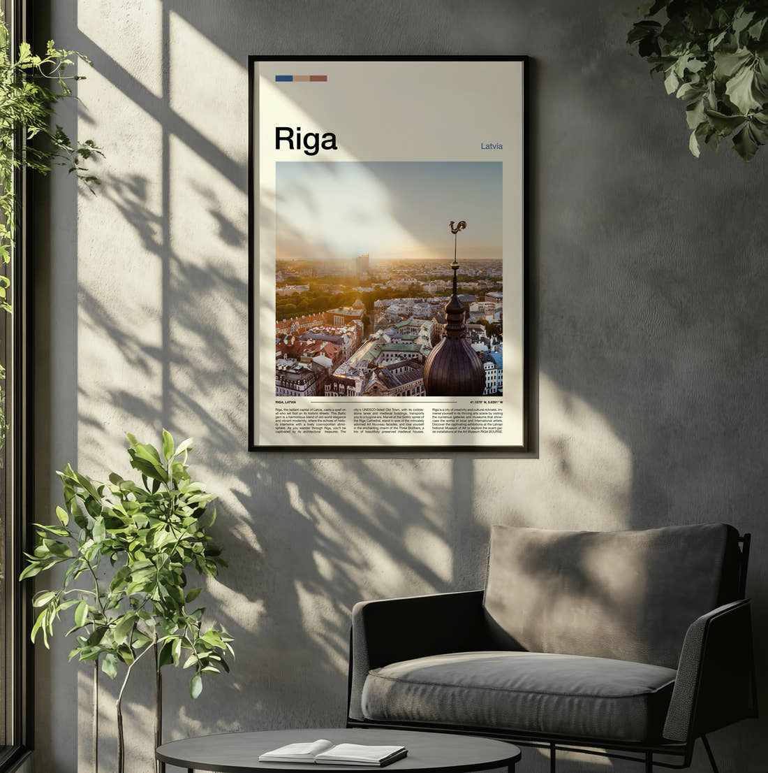 Riga Rooftops And Weathervane Travel Print framed on the wall of a relaxed living room