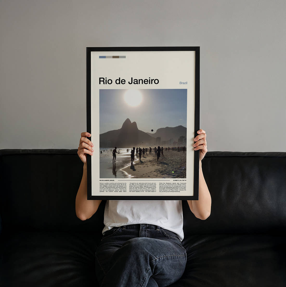 Rio De Janeiro Beach And Mountain Travel Print held up by hand to show the size of the print