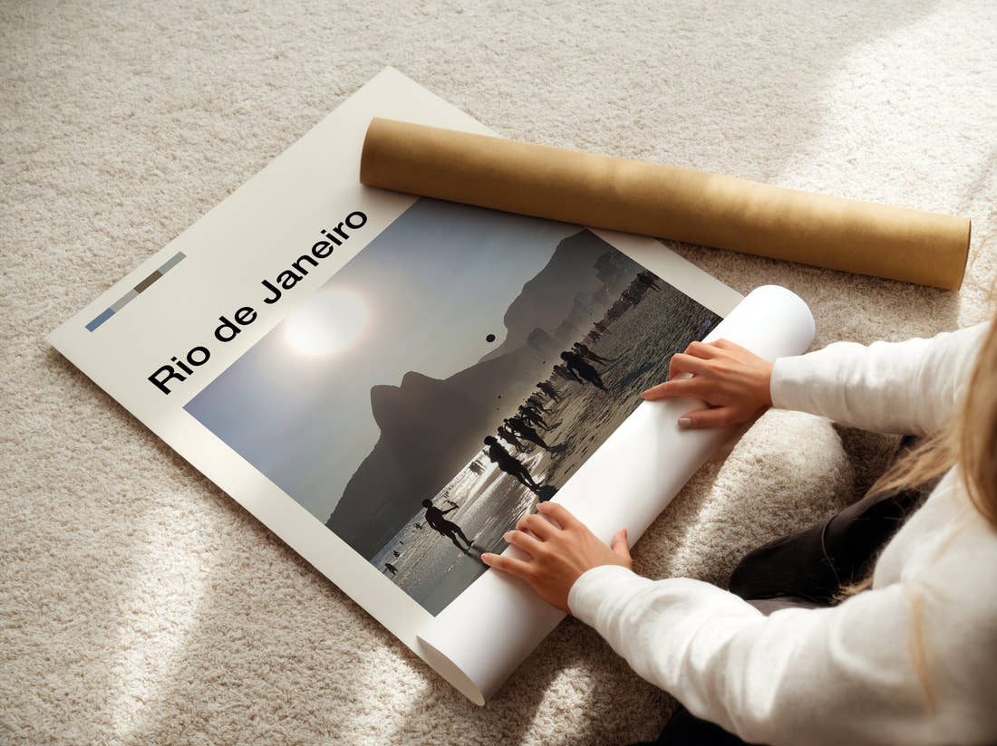 Rio De Janeiro Beach And Mountain Travel Print being unrolled from its postal tube