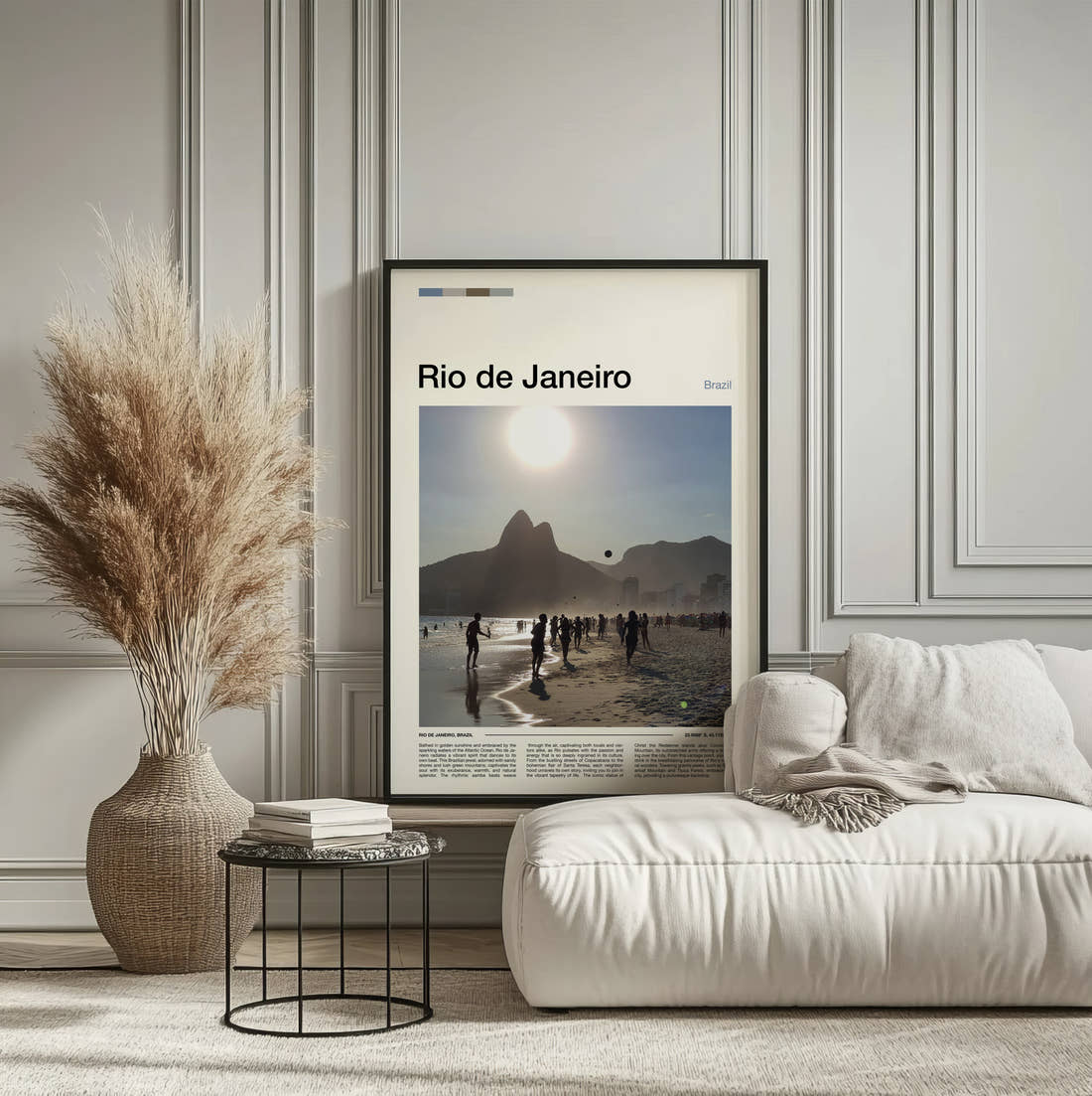 Rio De Janeiro Beach And Mountain Travel Print framed on the wall of a calm, neutral bedroom