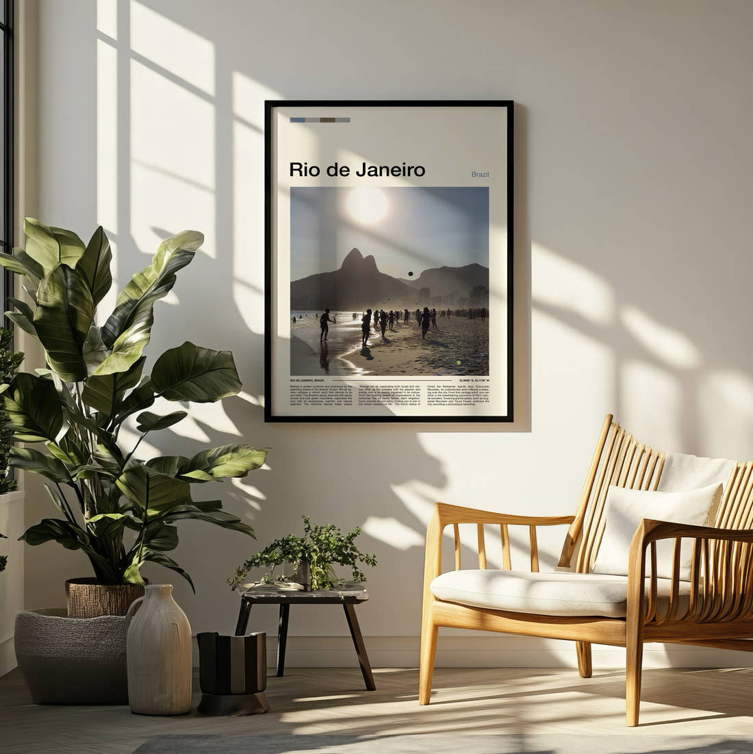 Rio De Janeiro Beach And Mountain Travel Print framed on a pale wall beside houseplants