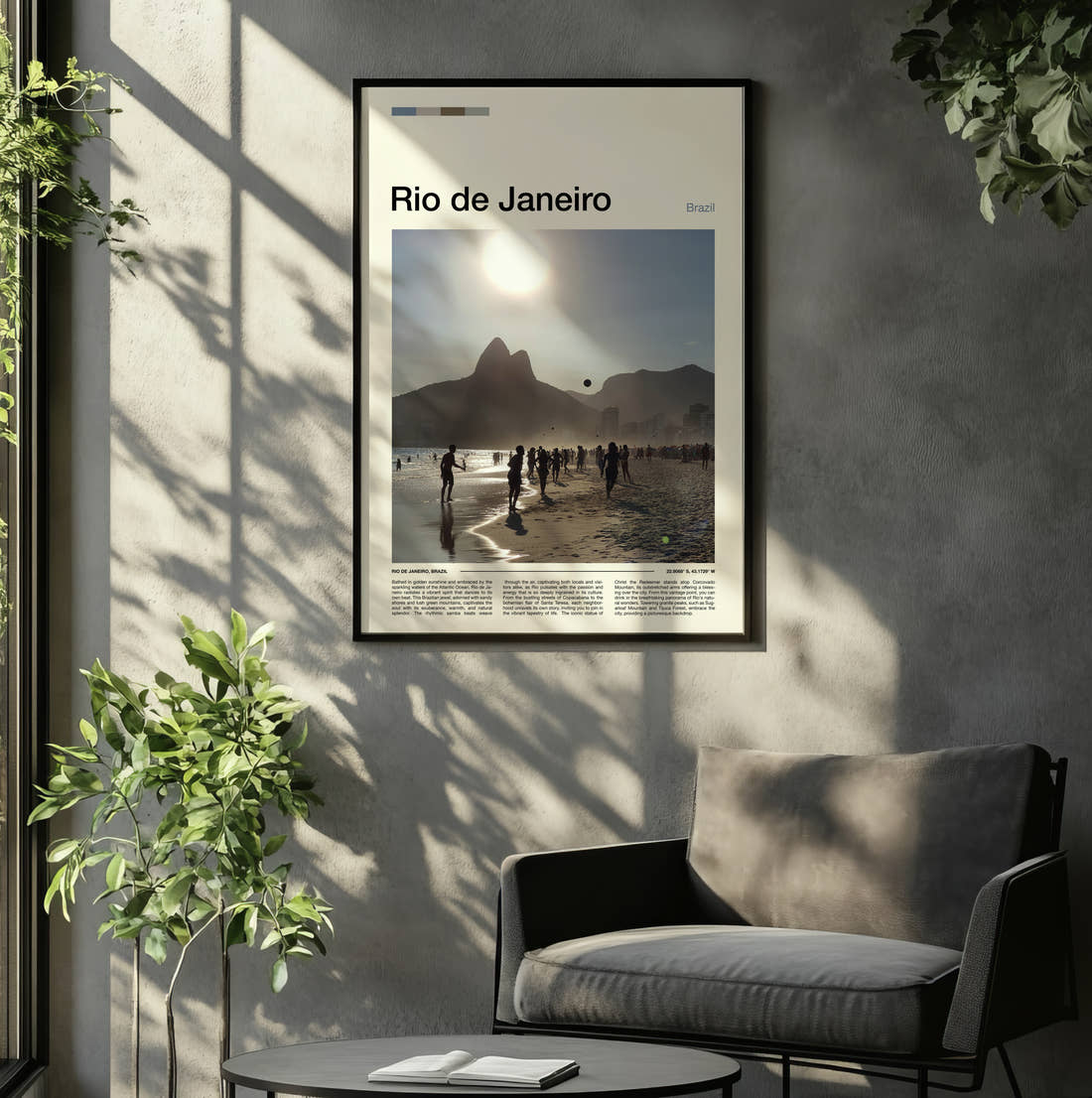 Rio De Janeiro Beach And Mountain Travel Print framed on the wall of a relaxed living room
