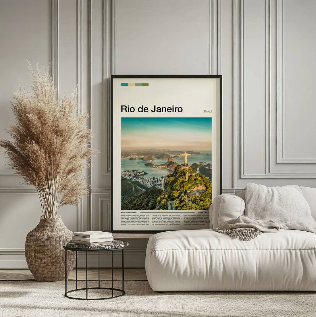 Rio De Janeiro Christ The Redeemer Travel Print framed on the wall of a calm, neutral bedroom